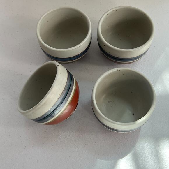 Unbranded Speckled Stoneware Ceramic Tea Cups Japan Set of 4 Blue Stripe 3" - Picture 1 of 14